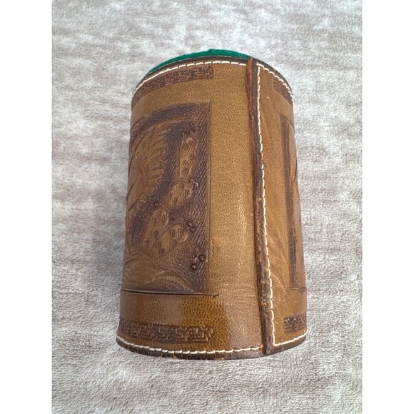 Vintage Handcrafted Leather Aztec Mayan Calendar Dice Cup With Eagle Design - Picture 6 of 9